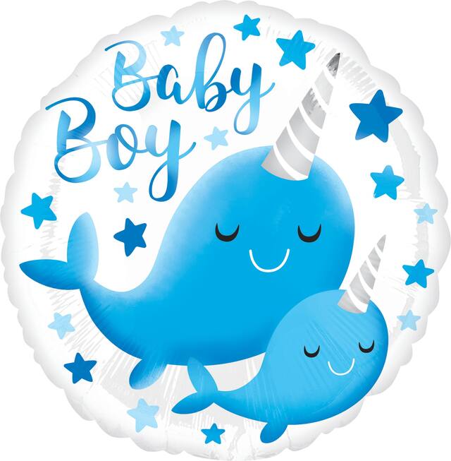 Ballon en aluminium satiné rond narval Baby Boy, bleu, étoiles, 17 po, gonflement à l'hélium et ruban inclus, pour fête prénatale Front_Flat