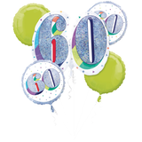 Prismatic Rainbow "60" Round Satin Foil Balloon Bouquet, Silver/Green, 5-pk, Helium Inflation & Ribbon Included for Birthday Party Front_Flat