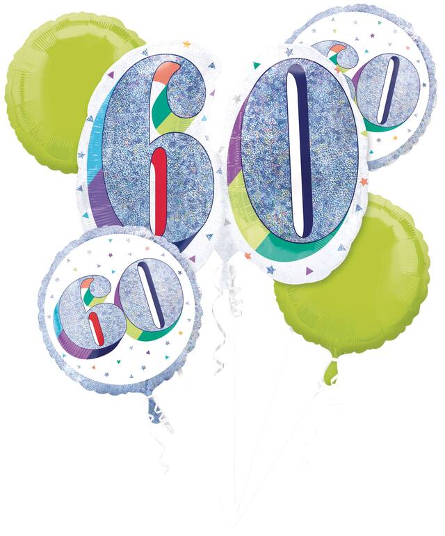 Ballon en aluminium satiné rond arc-en-ciel prismatique 60, argent/vert, paq. 5, gonflement à l'hélium et ruban inclus, pour fête d'anniversaire Front_Flat