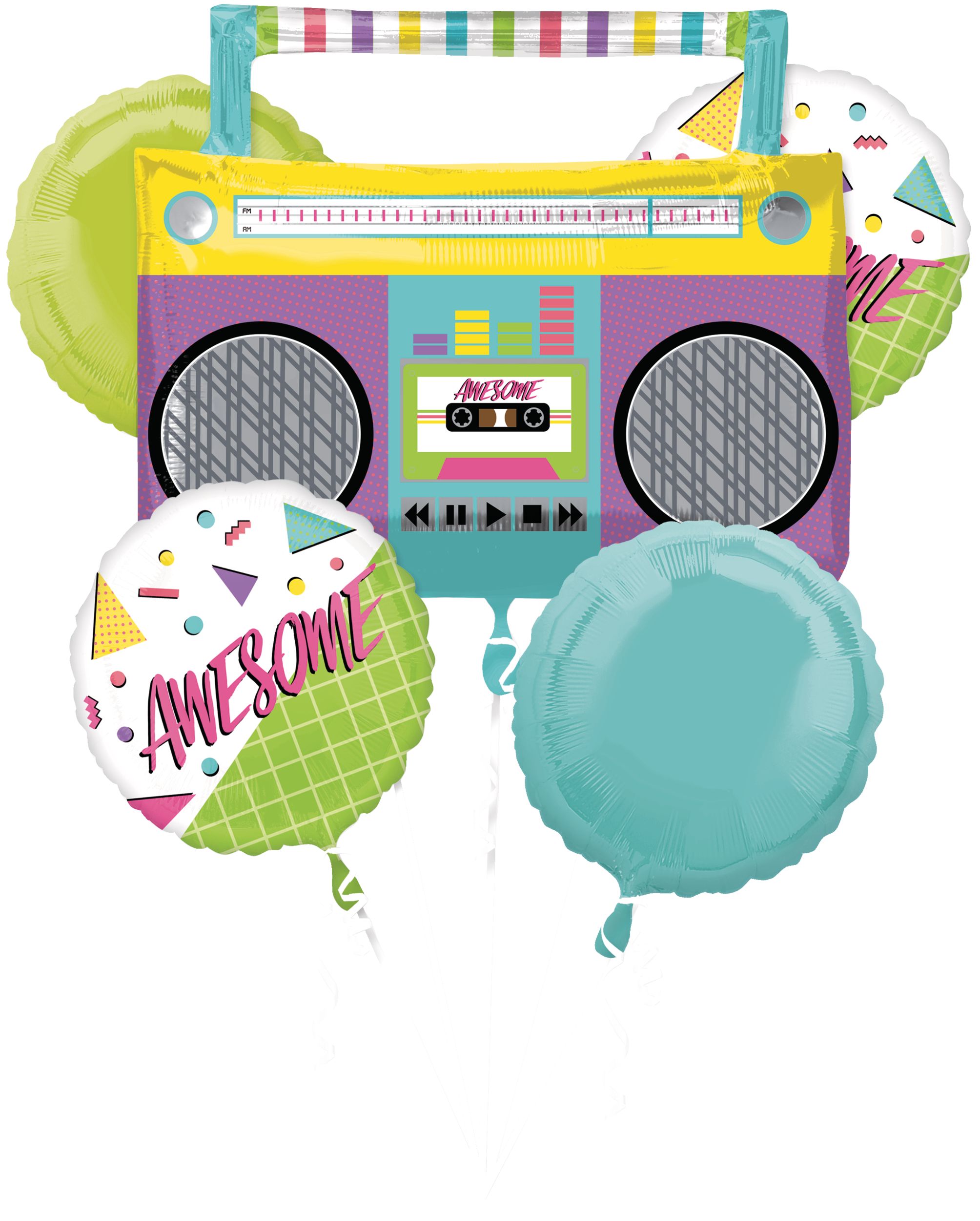 Awesome 80s Boom Box Foil Balloon Bouquet for 80s Party/Birthday, Helium Inflation Included, 5-pc Front_Flat