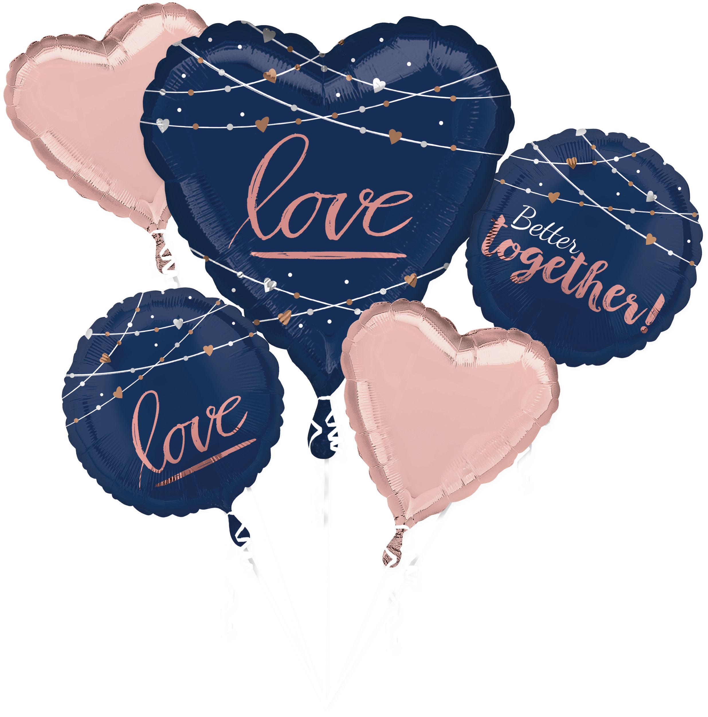 "Love Better Together" Heart Satin Foil Balloon Bouquet, Blue/Rose Gold, 5-pk, Helium Inflation & Ribbon Included for Anniversary/Wedding/Engagement Front_Flat