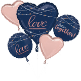 Bouquet de ballons en aluminium satiné coeur Love Better Together, bleu/or rose, paq. 5, gonflement à l'hélium et ruban inclus, pour anniversaire/mariage/fiançailles Front_Flat