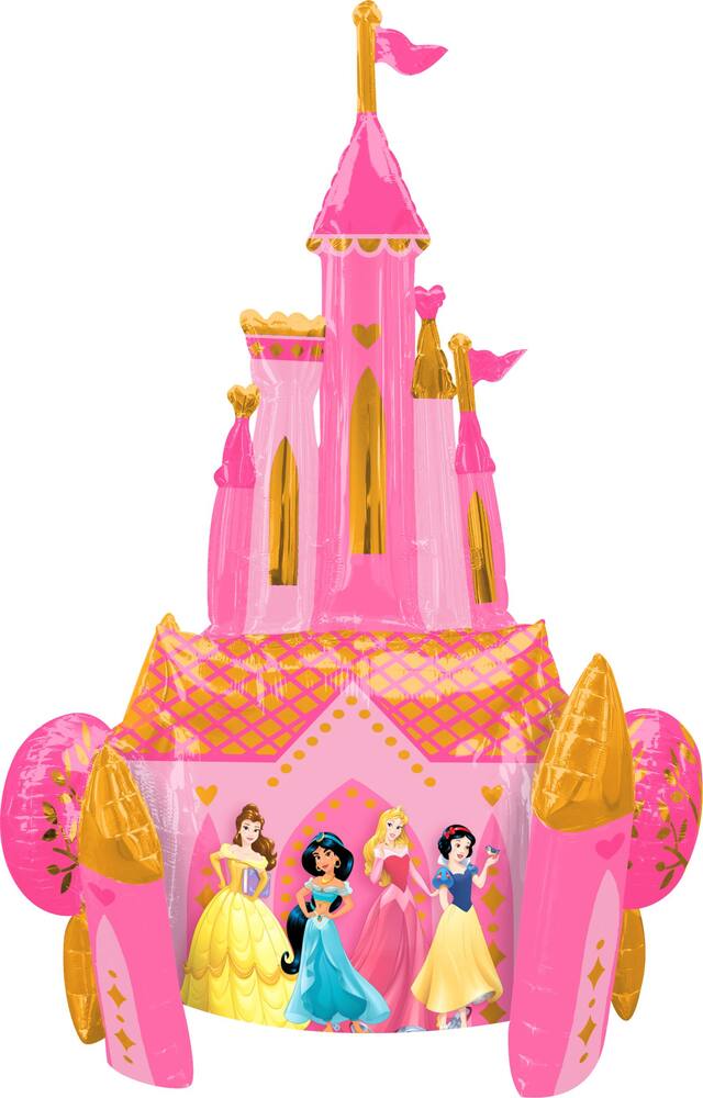 Disney Princess Once Upon A Time Castle Satin Giant Gliding Air-Walker Foil Balloon, Pink/Gold, 55-in, Helium Inflation & Ribbon Included for Birthday Front_Flat