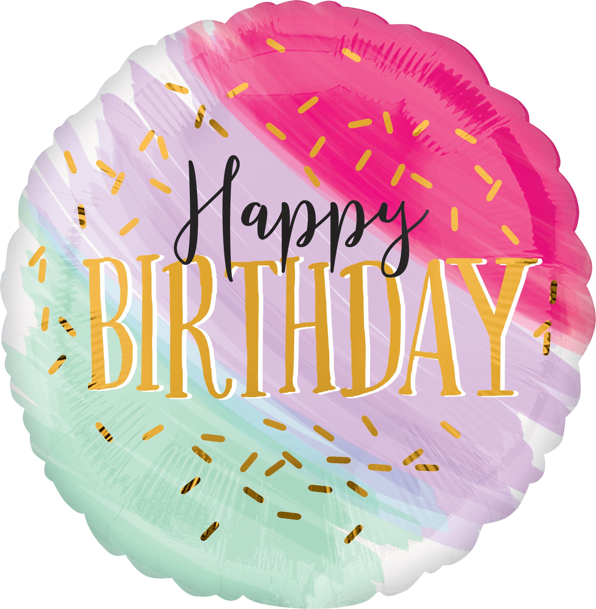 "Happy Birthday" Round Satin Foil Balloon, Pink/Purple/Green, Watercolour, 17-in, Helium Inflation & Ribbon Included for Birthday Party Front_Flat