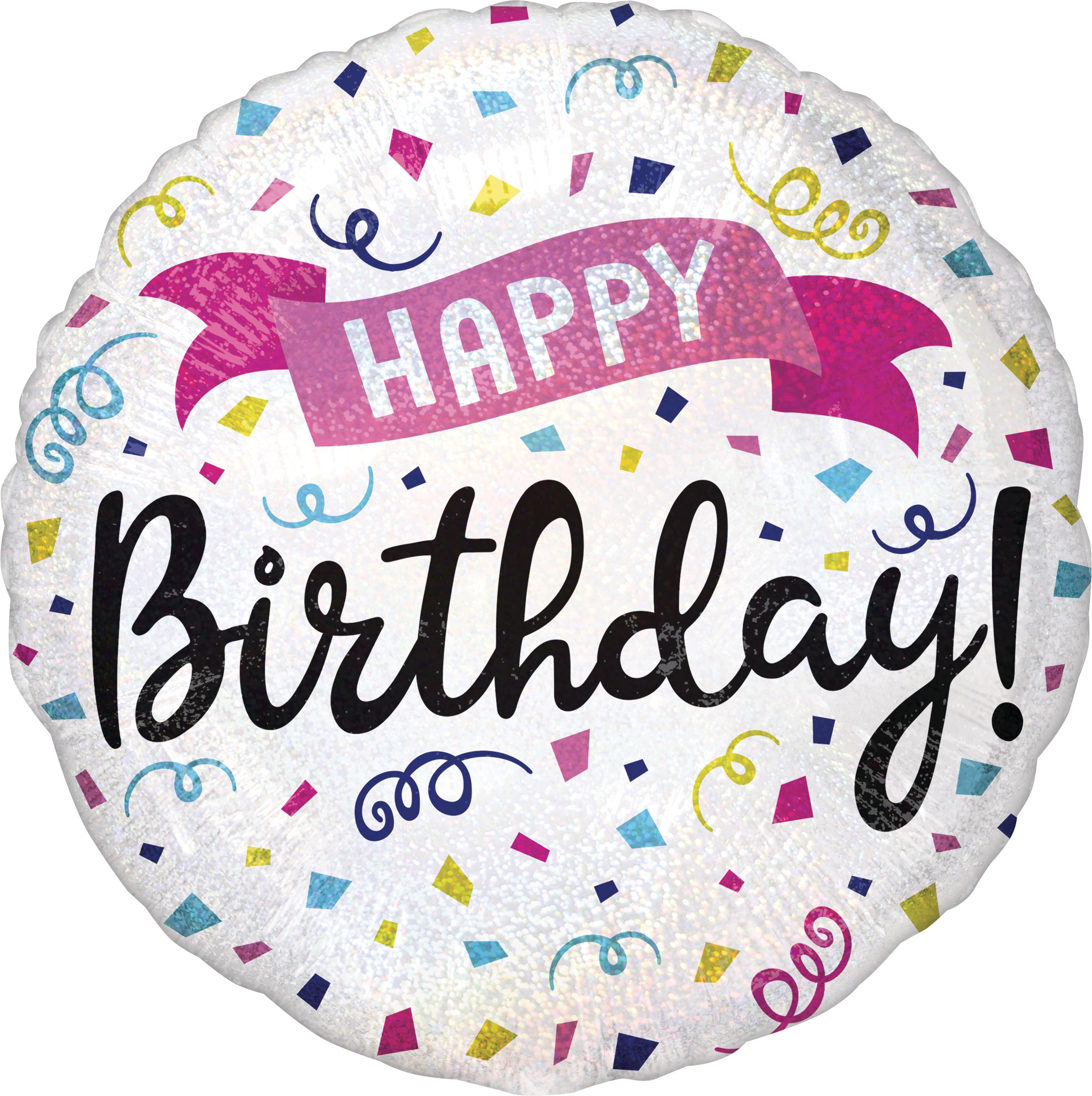 Ballon en aluminium satiné rond Happy Birthday, blanc/noir, confetti/serpentins, 17 po, gonflement à l'hélium et ruban inclus, pour fête d'anniversaire Front_Flat