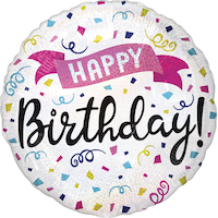 "Happy Birthday" Round Satin Foil Balloon, White/Black, Confetti/Streamers, 17-in, Helium Inflation & Ribbon Included for Birthday Party Front_Flat
