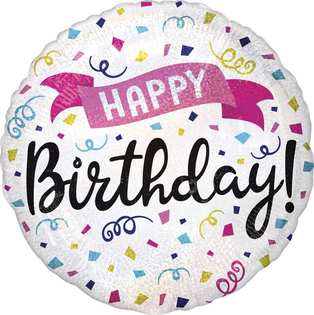 "Happy Birthday" Round Satin Foil Balloon, White/Black, Confetti/Streamers, 17-in, Helium Inflation & Ribbon Included for Birthday Party Front_Flat
