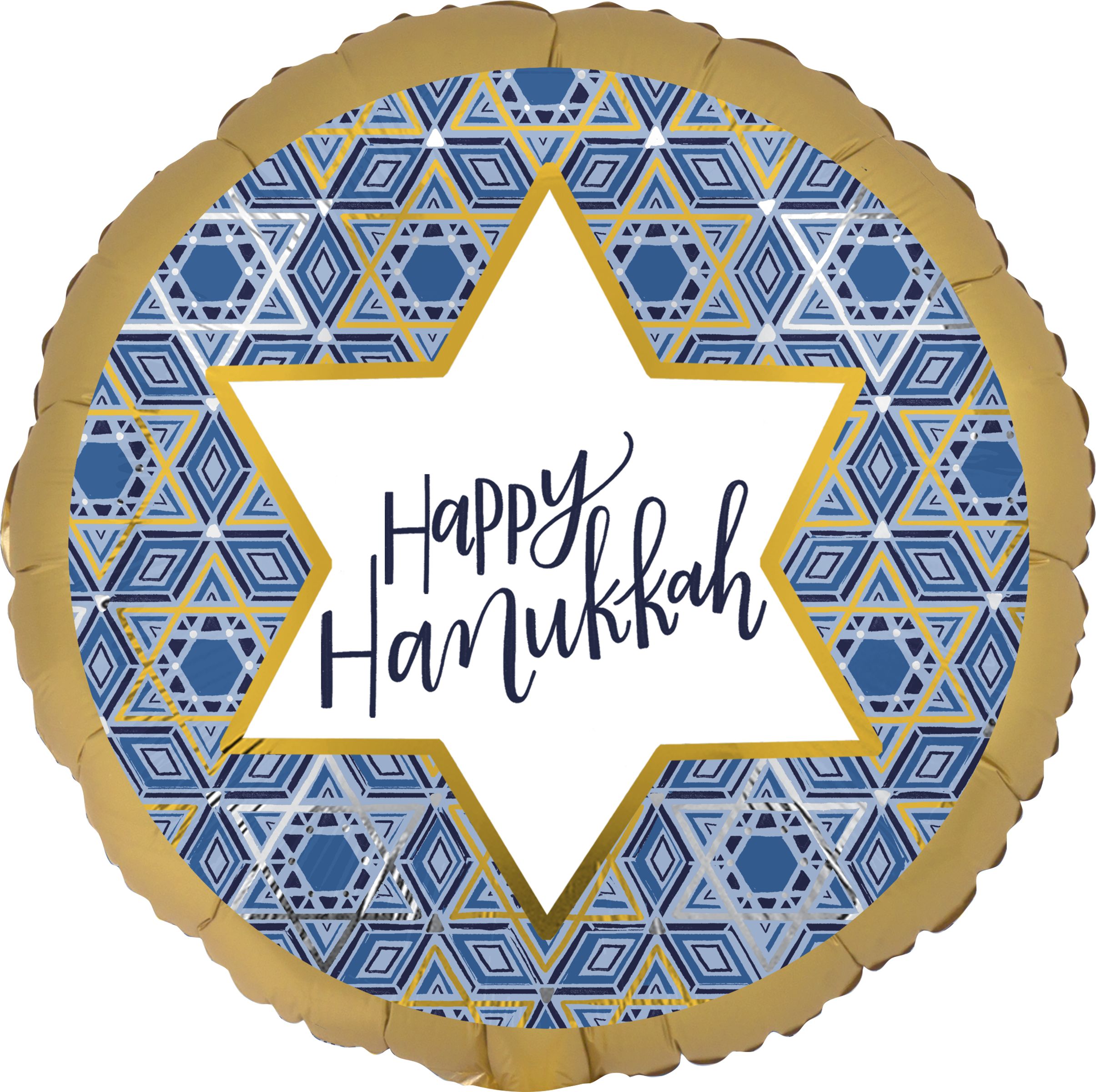 Ballon en aluminium satiné rond Happy Hanukkah, bleu/or, Étoile de David, 17 po, gonflement à l'hélium et ruban inclus, pour Hanoukka Front_Flat