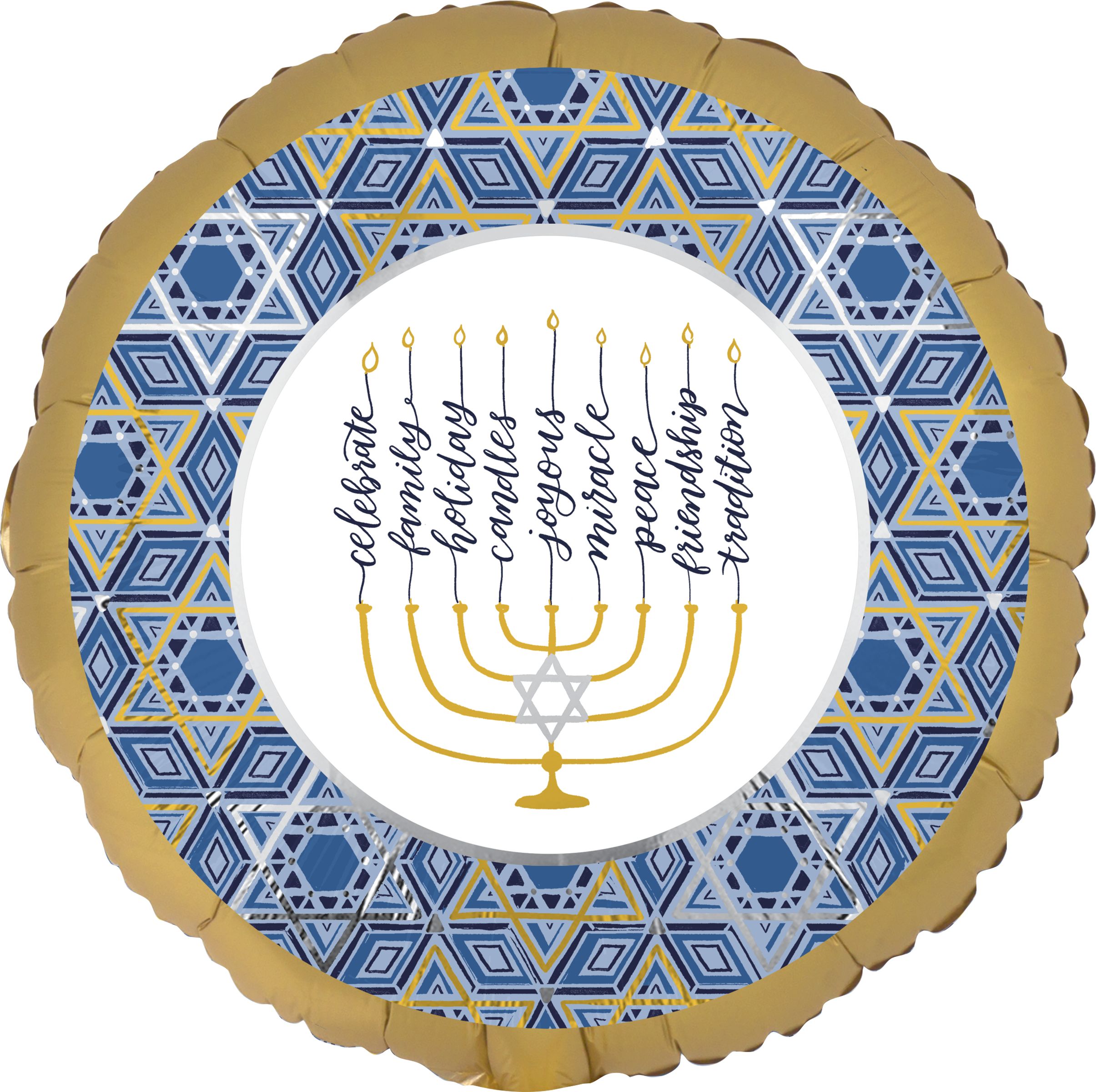 Ballon en aluminium satiné rond Happy Hanukkah, bleu/or, Étoile de David, 17 po, gonflement à l'hélium et ruban inclus, pour Hanoukka Back_Flat