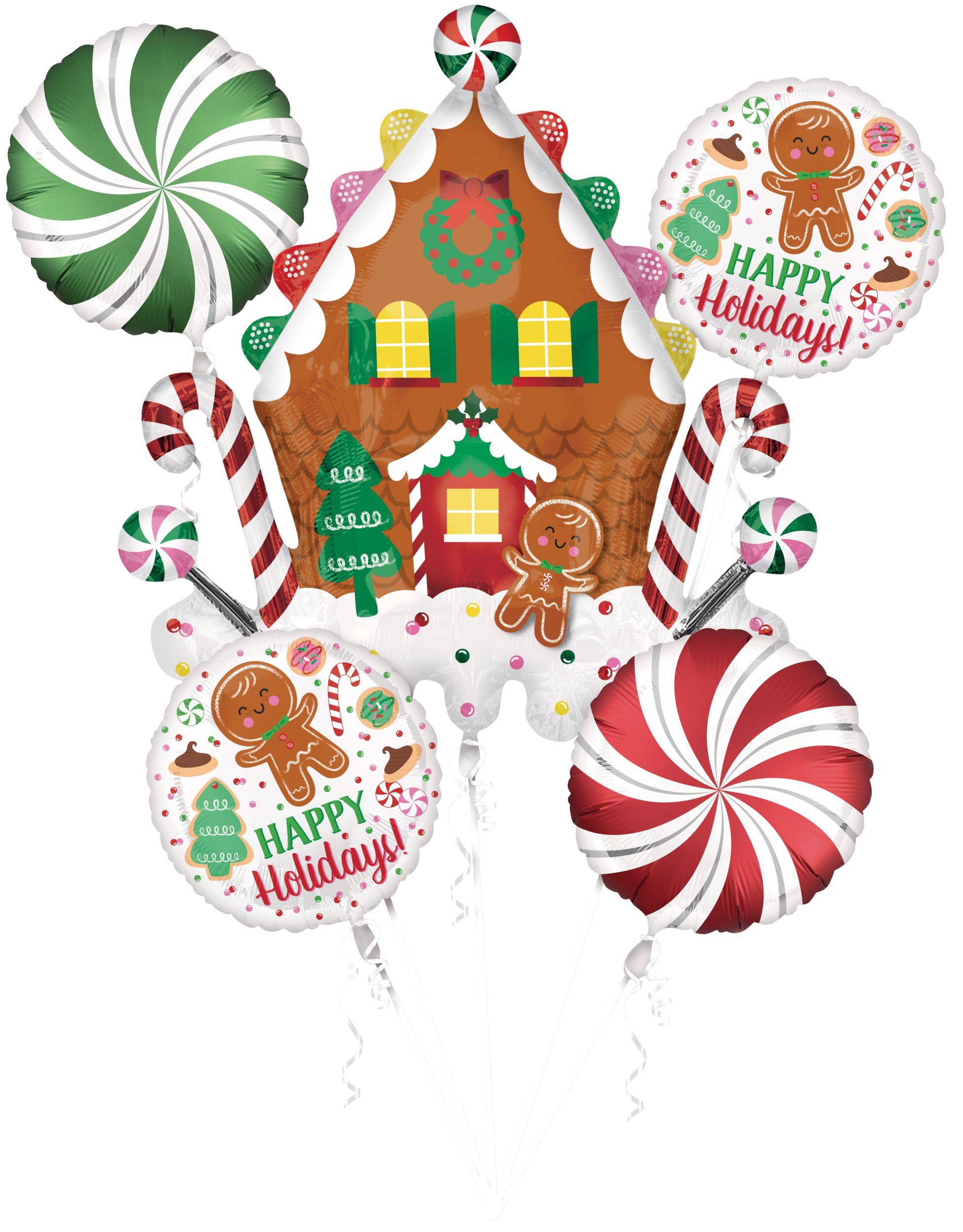 "Happy Holidays" Gingerbread House/Peppermint Candy Satin Foil Balloon Bouquet, Brown/Green, 5-pk, Helium Inflation & Ribbon Included for Christmas Front_Flat