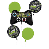 Level Up "Epic Birthday" Game Controller/Round Satin Foil Balloon Bouquet, Black/Green, 5-pk, Helium Inflation & Ribbon Included for Birthday Party Front_Flat
