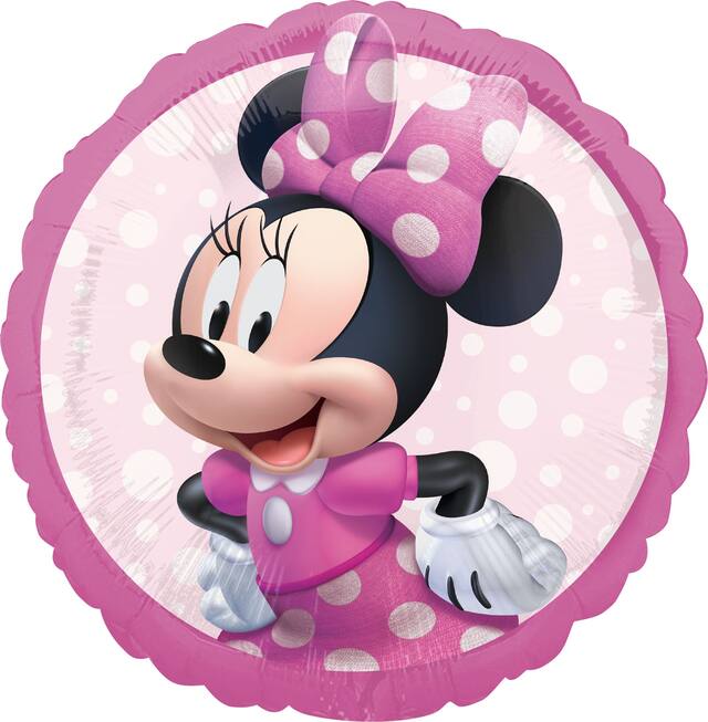 Disney Minnie Mouse Round Satin Foil Balloon, Pink, Polka Dot, 16.5-in, Helium Inflation & Ribbon Included for Birthday Party Front_Flat