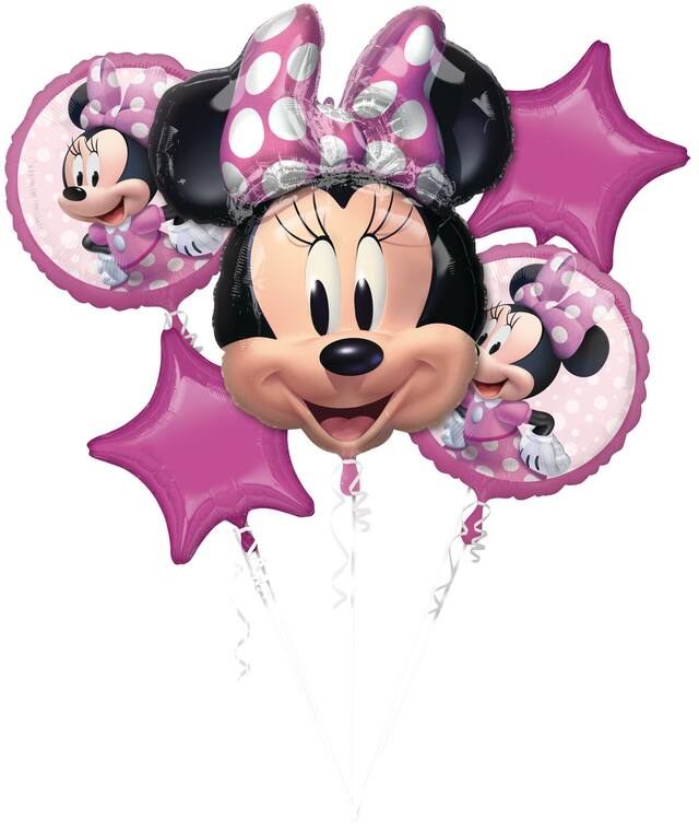Disney Minnie Mouse Star/Round Satin Foil Balloon Bouquet, Pink/Black, Polka Dot, 5-pk, Helium Inflation & Ribbon Included for Birthday Party Front_Flat