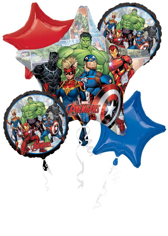 Disney Marvel Avengers Star/Round Satin Foil Balloon Bouquet, Green/Red/Blue, 5-pk, Helium Inflation & Ribbon Included for Birthday Party Front_Flat