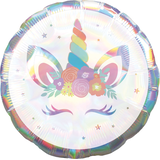 Unicorn Round Satin Foil Balloon, Iridescent/Purple, 16.5-in, Helium Inflation & Ribbon Included for Birthday Party Front_Flat