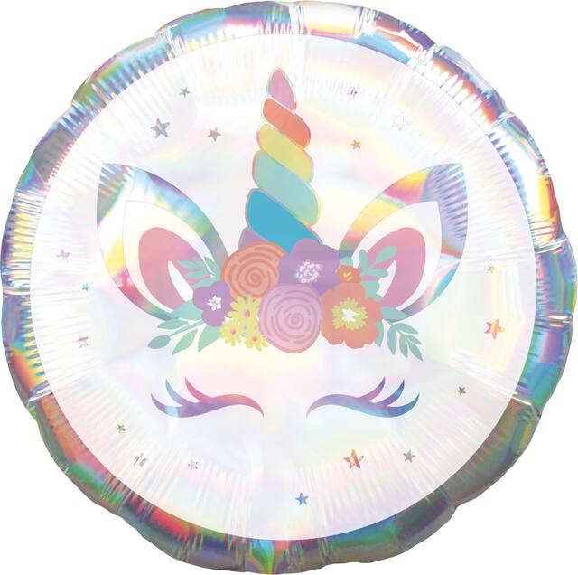 Unicorn Round Satin Foil Balloon, Iridescent/Purple, 16.5-in, Helium Inflation & Ribbon Included for Birthday Party Front_Flat