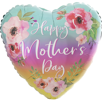 Ballon en aluminium satiné coeur Happy Mothere's Day, bleu/violet/jaune, floral, 28 po, gonflement à l'hélium et ruban inclus, pour la fête des Mères Front_Flat