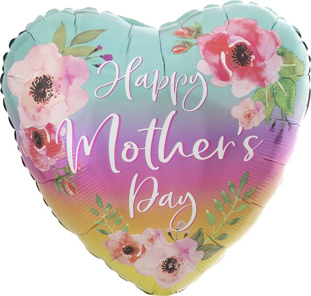 "Happy Mother's Day" Heart Satin Foil Balloon, Blue/Purple/Yellow, Floral, 28-in, Helium Inflation & Ribbon Included for Mother's Day Front_Flat
