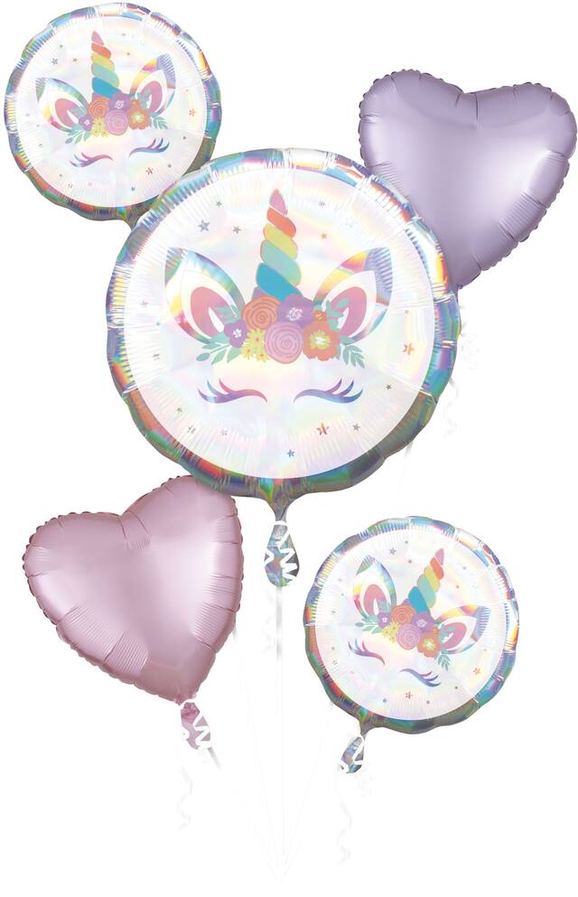 Bouquets de ballons en aluminium satiné coeur/rond licorne, irisé/mauve, paq. 5, gonflement à l'hélium et ruban inclus, pour fête d'anniversaire Front_Flat
