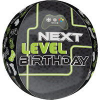 Level Up "Next Level Birthday" Orbz Satin Foil Balloon, Black/Green, 16-in, Helium Inflation & Ribbon Included for Birthday Party