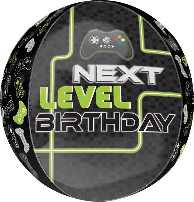 Ballon en aluminium satiné Orbz Level Up Next Leel Birthday, noir/vert, 16 po, gonflement à l'hélium et ruban inclus, pour fête d'anniversaire Front_Flat