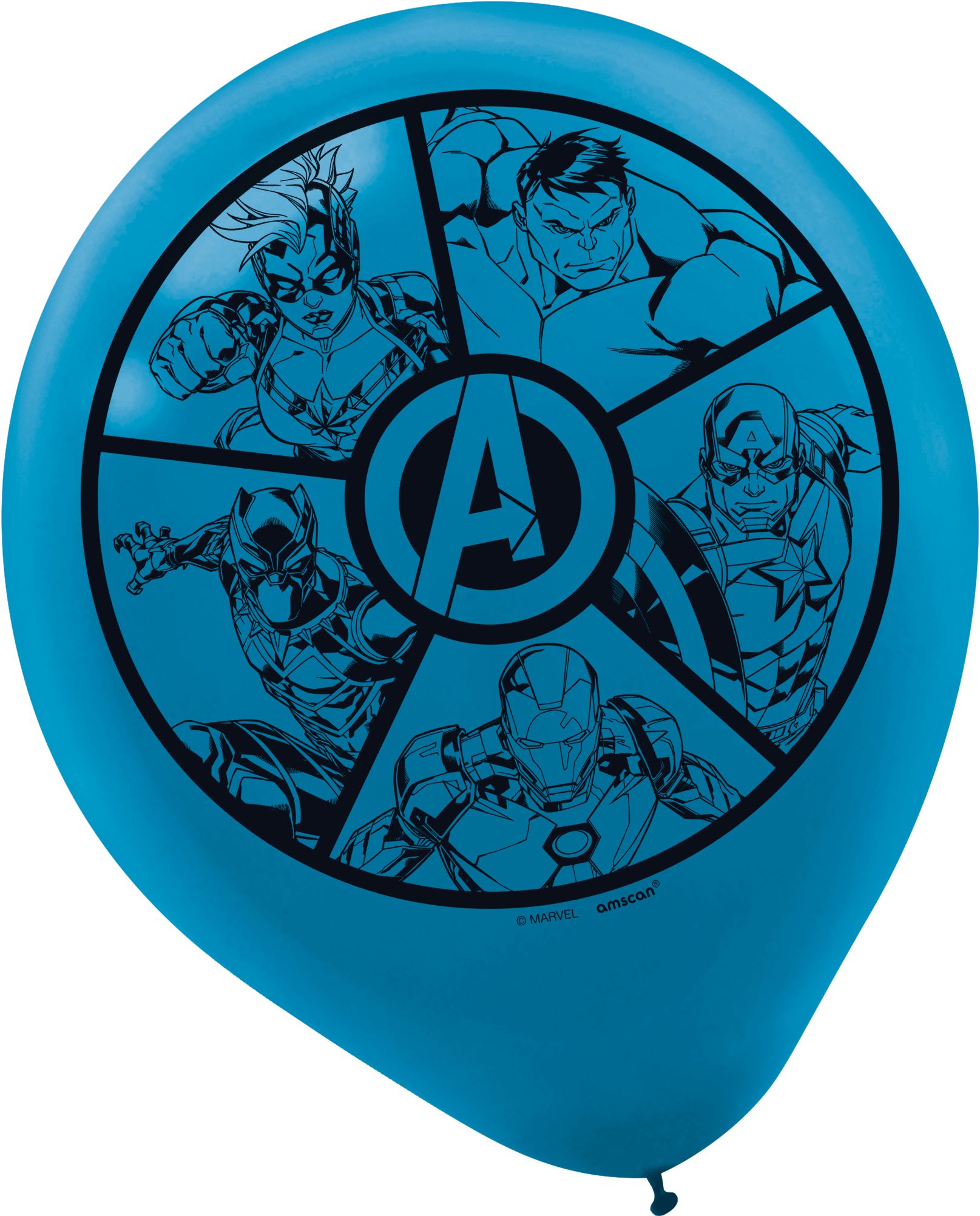 Ballons en latex ronds Disney Marvel Avengers, bleu/rouge/noir, 12 po, paq. 6, pour fête d'anniversaire Front_Flat
