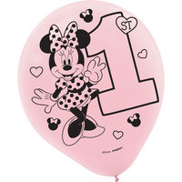 1st Birthday Minnie Mouse Latex Balloons, Pink/Blue 15-pk Front_Flat