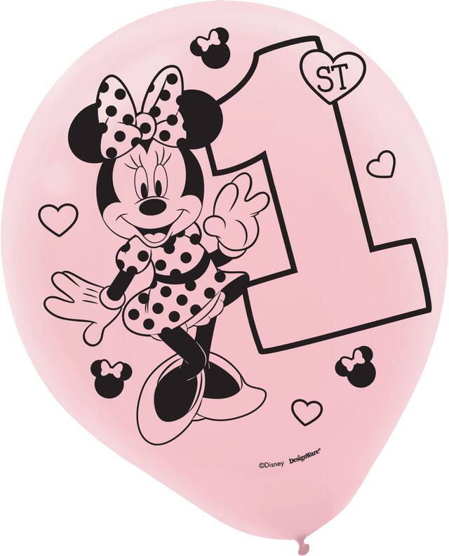 1st Birthday Minnie Mouse Latex Balloons, Pink/Blue 15-pk Front_Flat