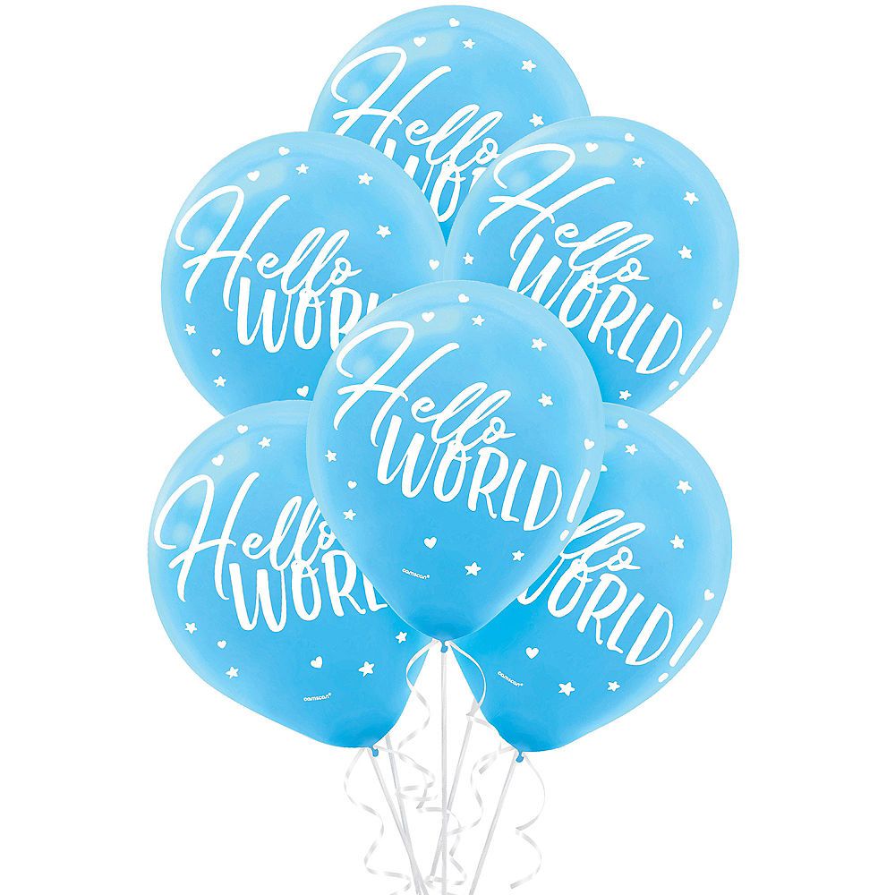 Ballons en latex ronds Hello World, bleu/blanc, étoile/coeur, 12 po, paq. 15, pour fête prénatale Front_Flat