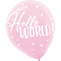 Ballons en latex ronds Hello World, rose/blanc, étoile/coeur, 12 po, paq. 15, pour fête prénatale Front_Flat