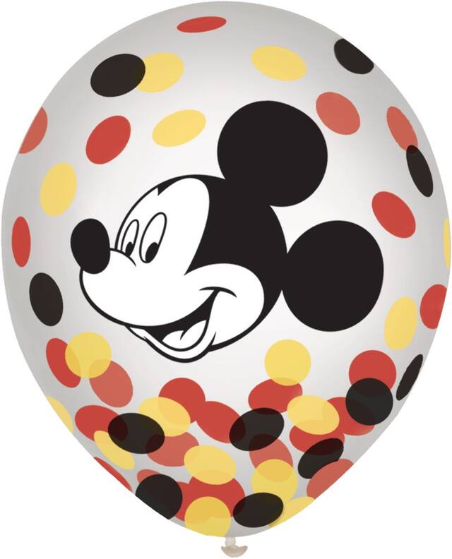 Disney Mickey Mouse Round Transparent Confetti Latex Balloons, Black/Yellow/Red, 12-in, 6-pk, for Birthday Party Front_Flat