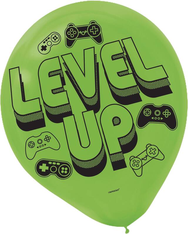 Level Up "Game On" Round Latex Balloons, Green/Black, Game Controller, 12-in, 6-pk, for Birthday Party Front_Flat