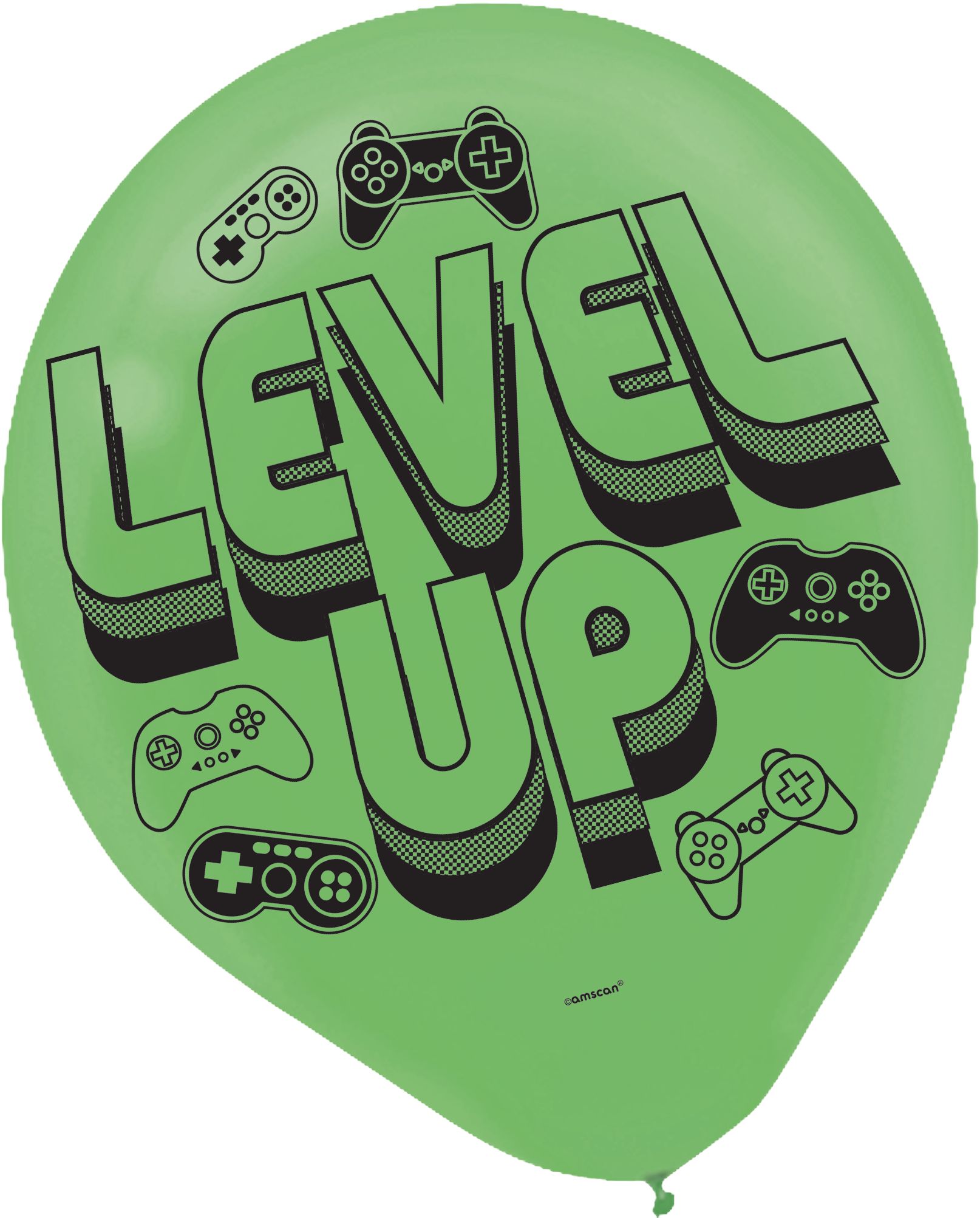 Level Up "Game On" Round Latex Balloons, Green/Black, Game Controller, 12-in, 6-pk, for Birthday Party Front_Flat