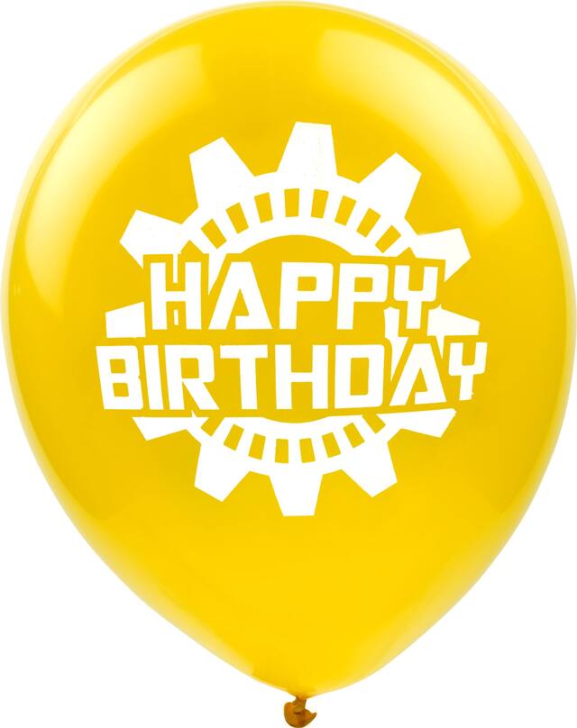 Ballons en latex à motif d'engrenage véhicule « Happy Birthday », bleu/rouge/jaune, paq. 6 Front_Flat
