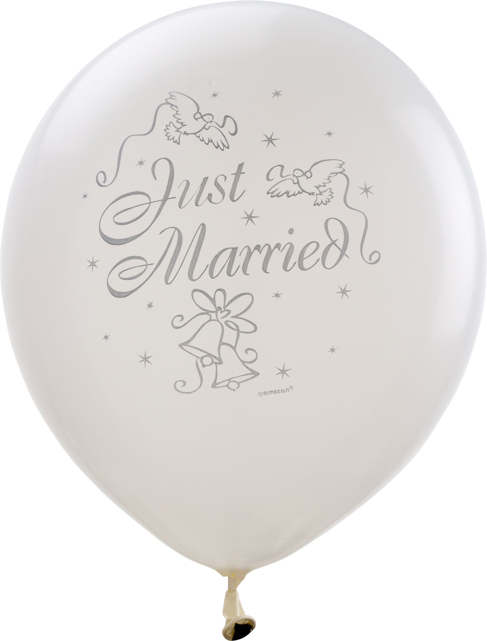 "Just Married" Round Latex Balloons, White/Silver, 12-in, 15-pk, for Wedding Front_Flat