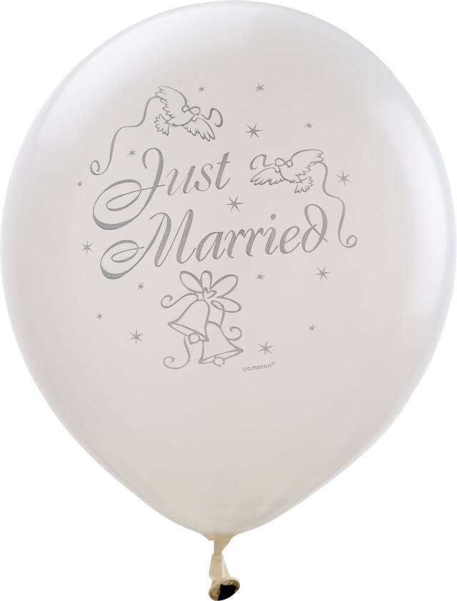 Ballons en latex ronds Just Married, blanc/argent, 12 po, paq. 15, pour mariage Front_Flat