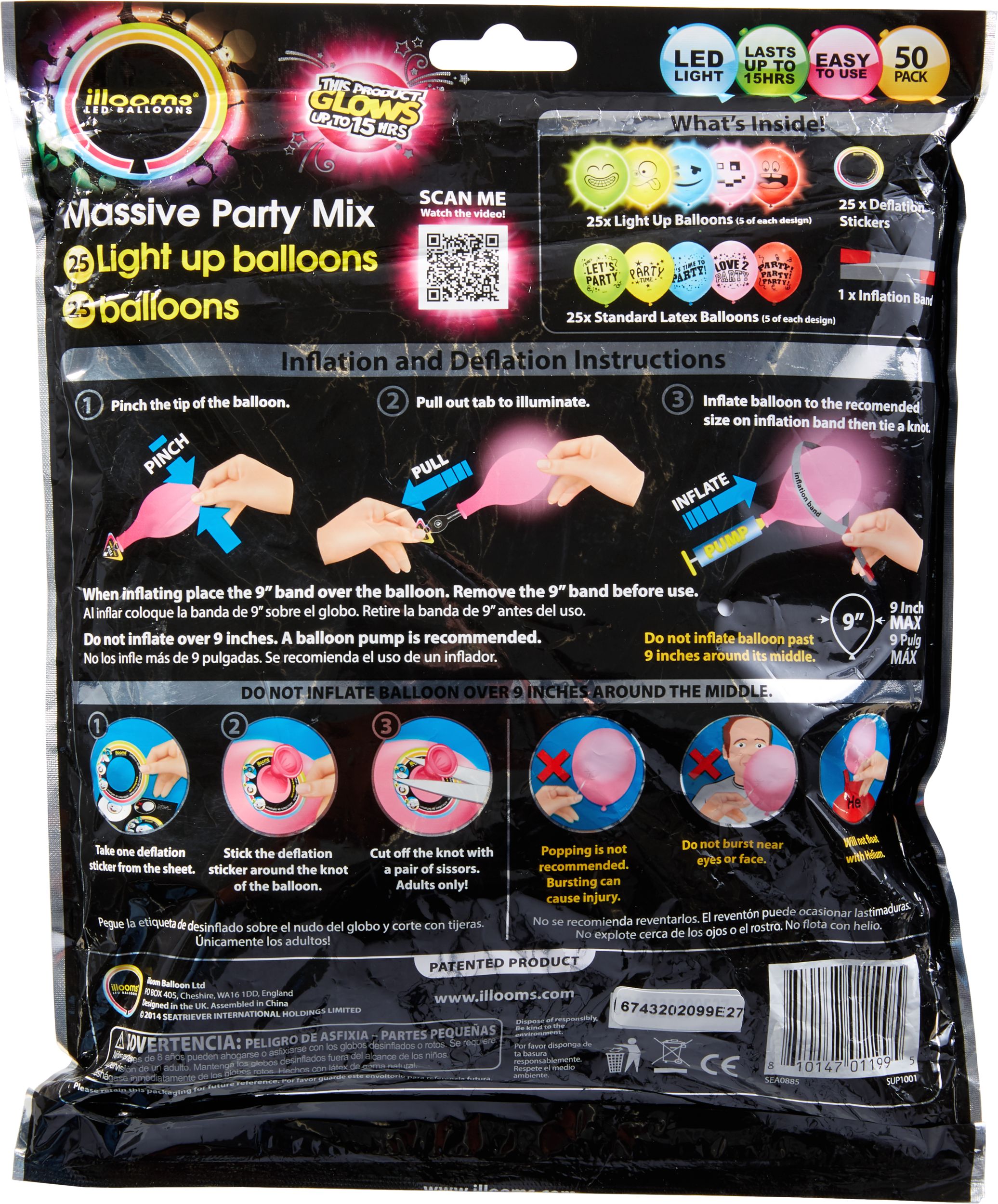 Illooms Massive Mix Assorted Colour LED Balloons & Latex Balloons, 50-pk, 9-in Back_Flat