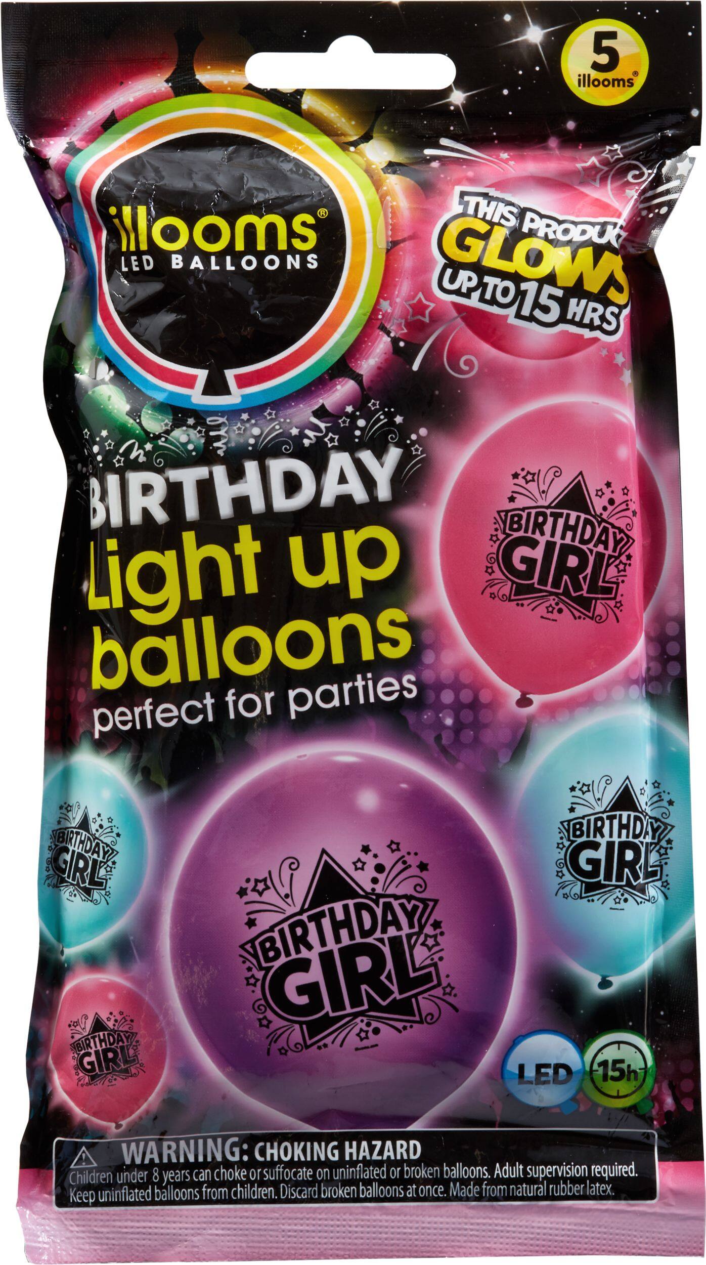 Illooms Light-Up Birthday Girl LED Balloons, 5-pk Front_Flat