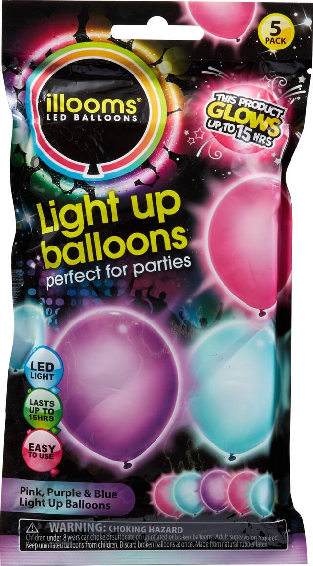 Illooms Light-Up Blue, Pink, & Purple LED Balloons, 5-pk Front_Flat