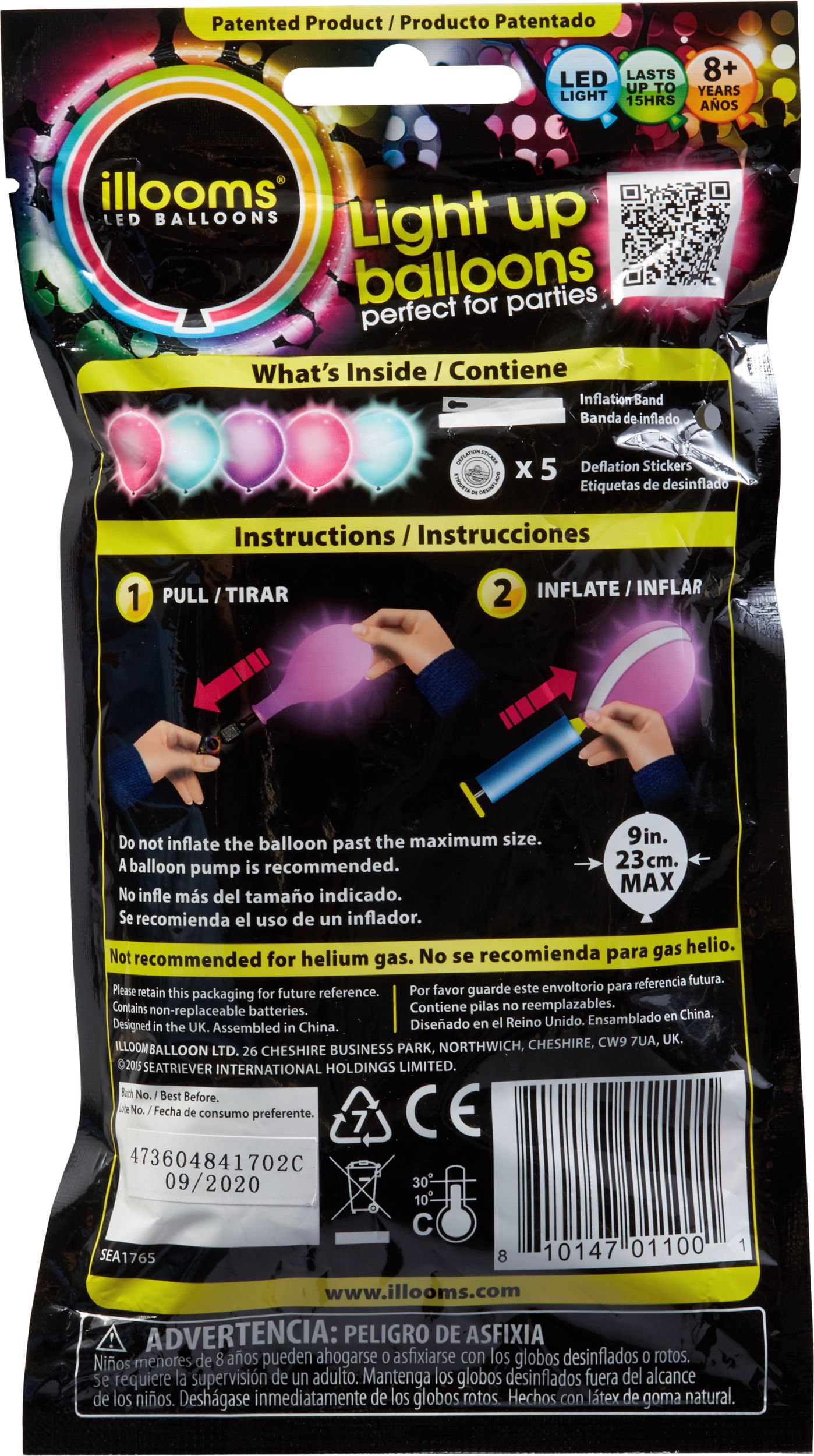 Illooms Light-Up Blue, Pink, & Purple LED Balloons, 5-pk Back_Flat