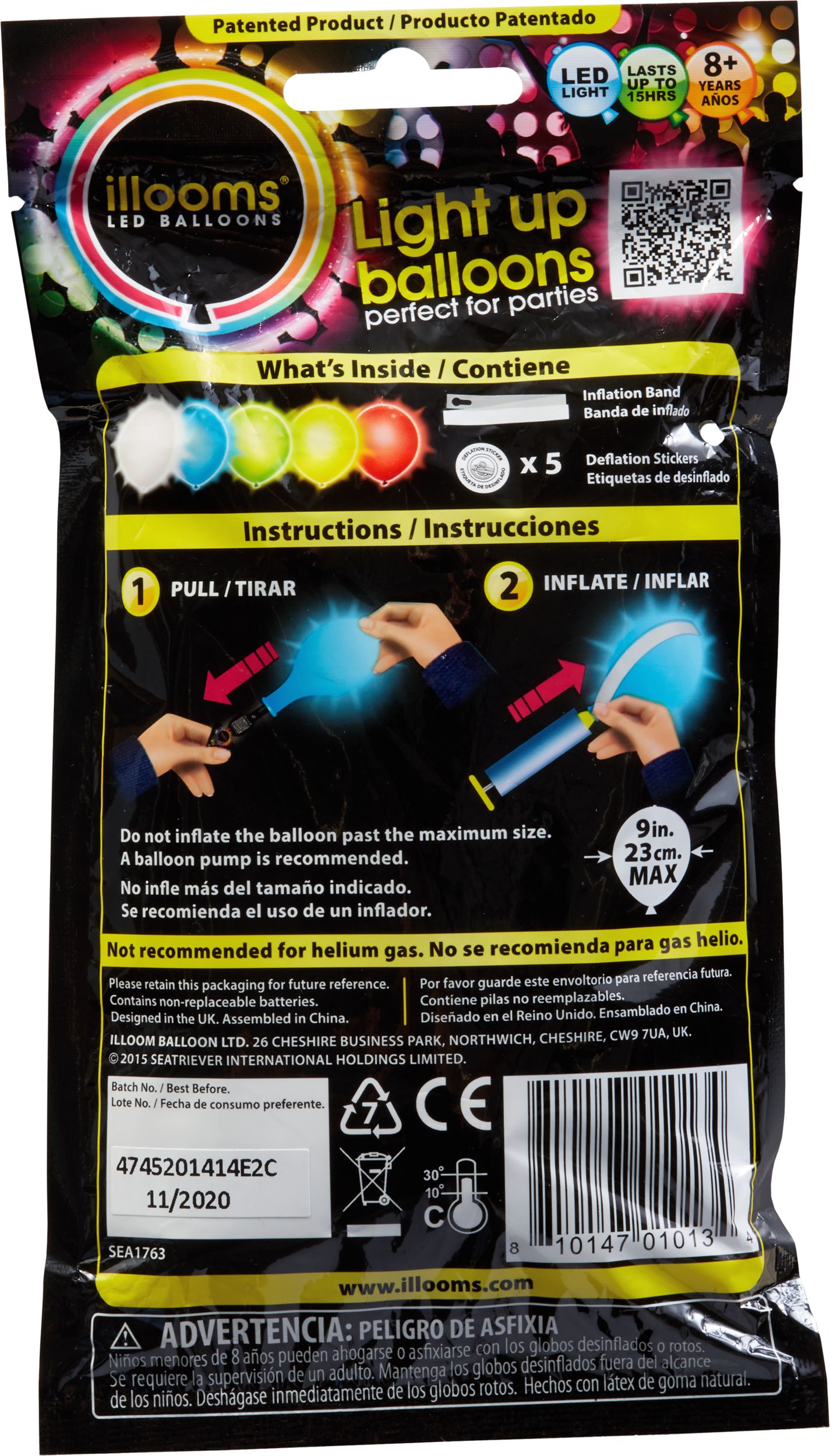 Illooms Light-Up Assorted Colour LED Balloons, 5-pk Back_Flat