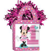Disney Minnie Mouse "1st Birthday" Gift Bag Shaped Balloon Weight Accessory, Pink, 5.5-in, for Birthday Party Front_Angled_Right