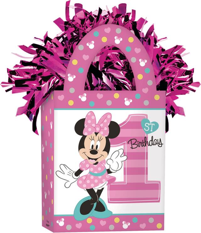 Disney Minnie Mouse "1st Birthday" Gift Bag Shaped Balloon Weight Accessory, Pink, 5.5-in, for Birthday Party Front_Angled_Right