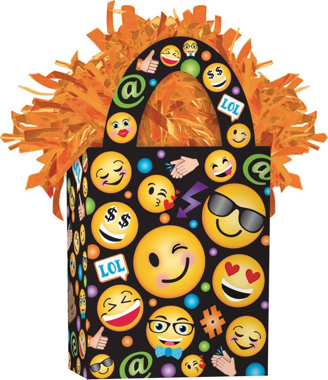 Poids pour ballons en forme de sac-cadeau émoticône souriante, orange/noir, 5,5 po, pour fête d'anniversaire Front_Angled_Right