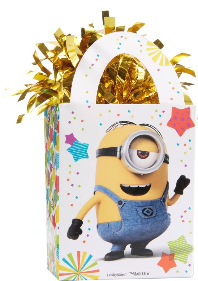 Despicable Me Minions Gift Bag Shaped Balloon Weight Accessory, White/Yellow, 5.5-in, for Birthday Party Front_Angled_Right