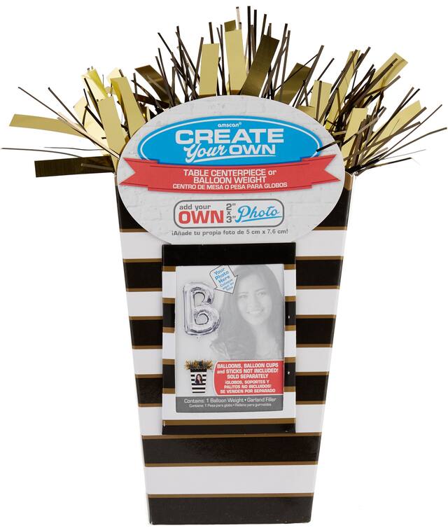 Gift Bag Shaped DIY Customizable Balloon Weight Accessory, Black/White, Striped, 6-in, for Birthday Party/Graduation Front_Flat