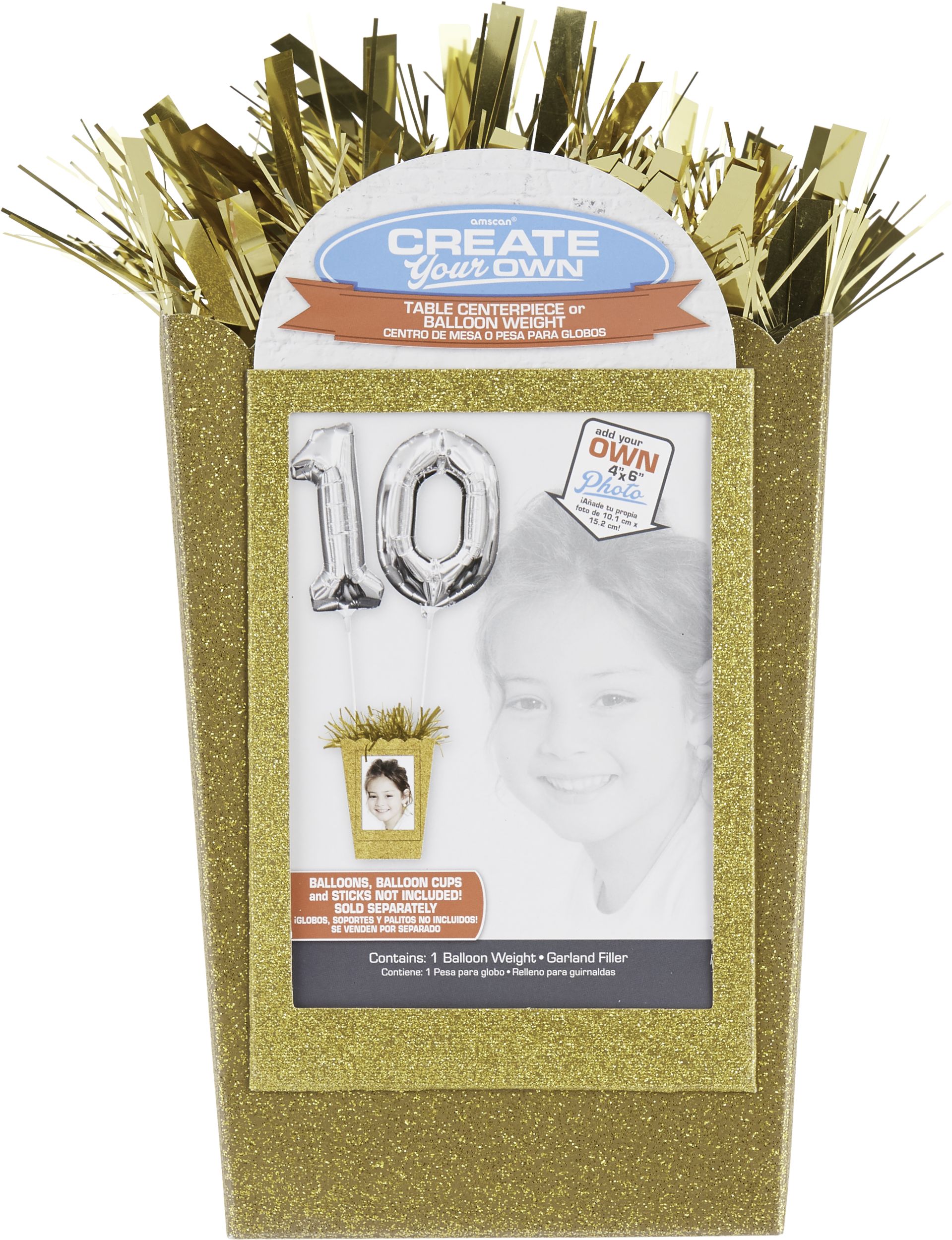 Gift Bag Shaped DIY Customizable Balloon Weight Accessory, Gold, Glitter, 6-in, for Birthday/Anniversary/Graduation Front_Flat