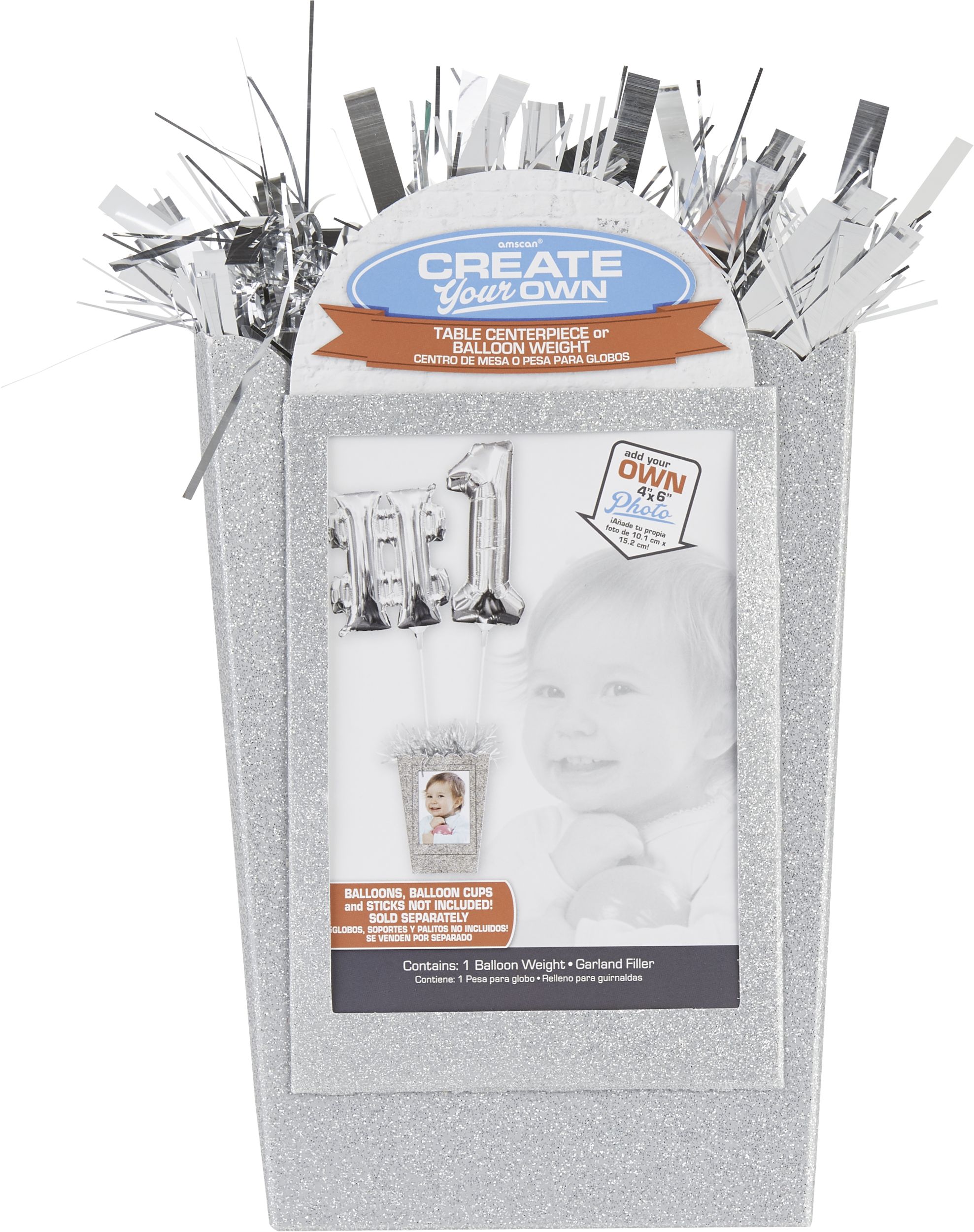 Poids pour ballons en forme de sac cadeau personnalisable, argent, scintillant, 6 po, pour fête d'anniversaire/anniversaire/remise de diplôme Front_Flat