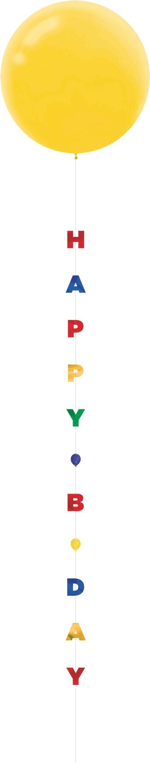Queue de ballon Happy BDay, couleurs primaires, 6 pi, pour fête d'anniversaire Front_Flat