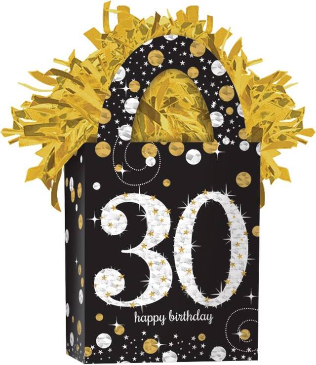 Sparkling Celebration "Happy Birthday 30" Gift Bag Shaped Balloon Weight Accessory, Black/Gold, 5.5-in, for Milestone Birthday Front_Angled_Right